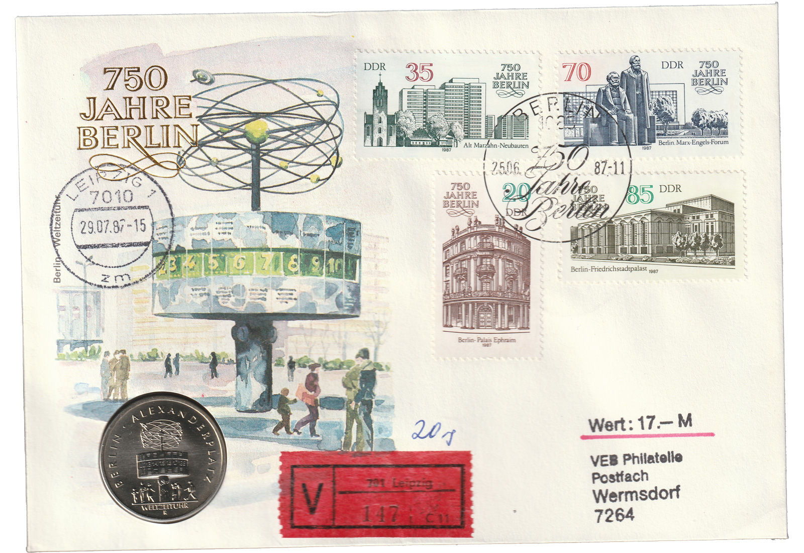 DDR Numisbrief J. 1615 5 Mark Alexanderpl. Berl. 1987