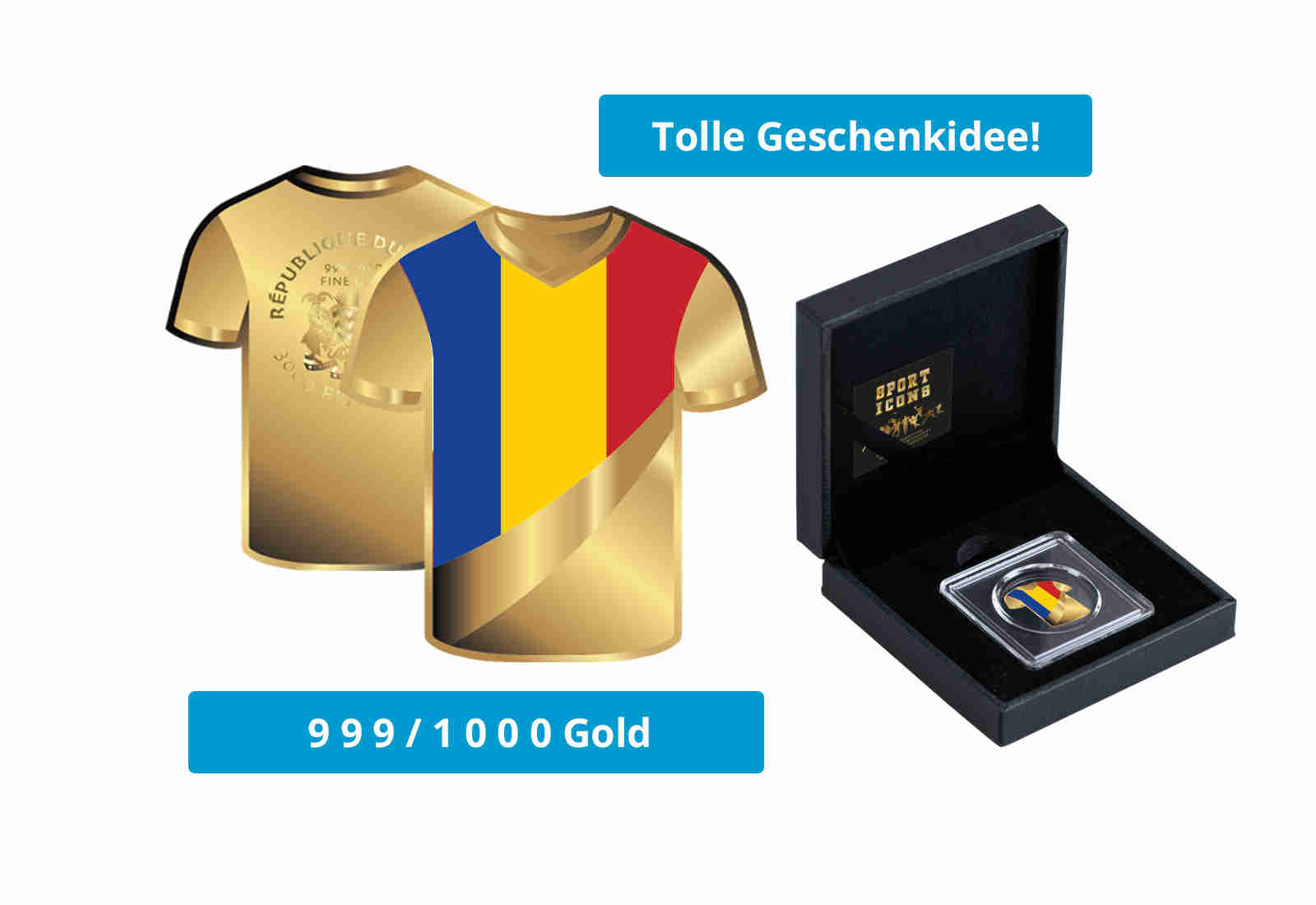 Goldmünze Motiv "Trikot Rumänien" im Geschenketui