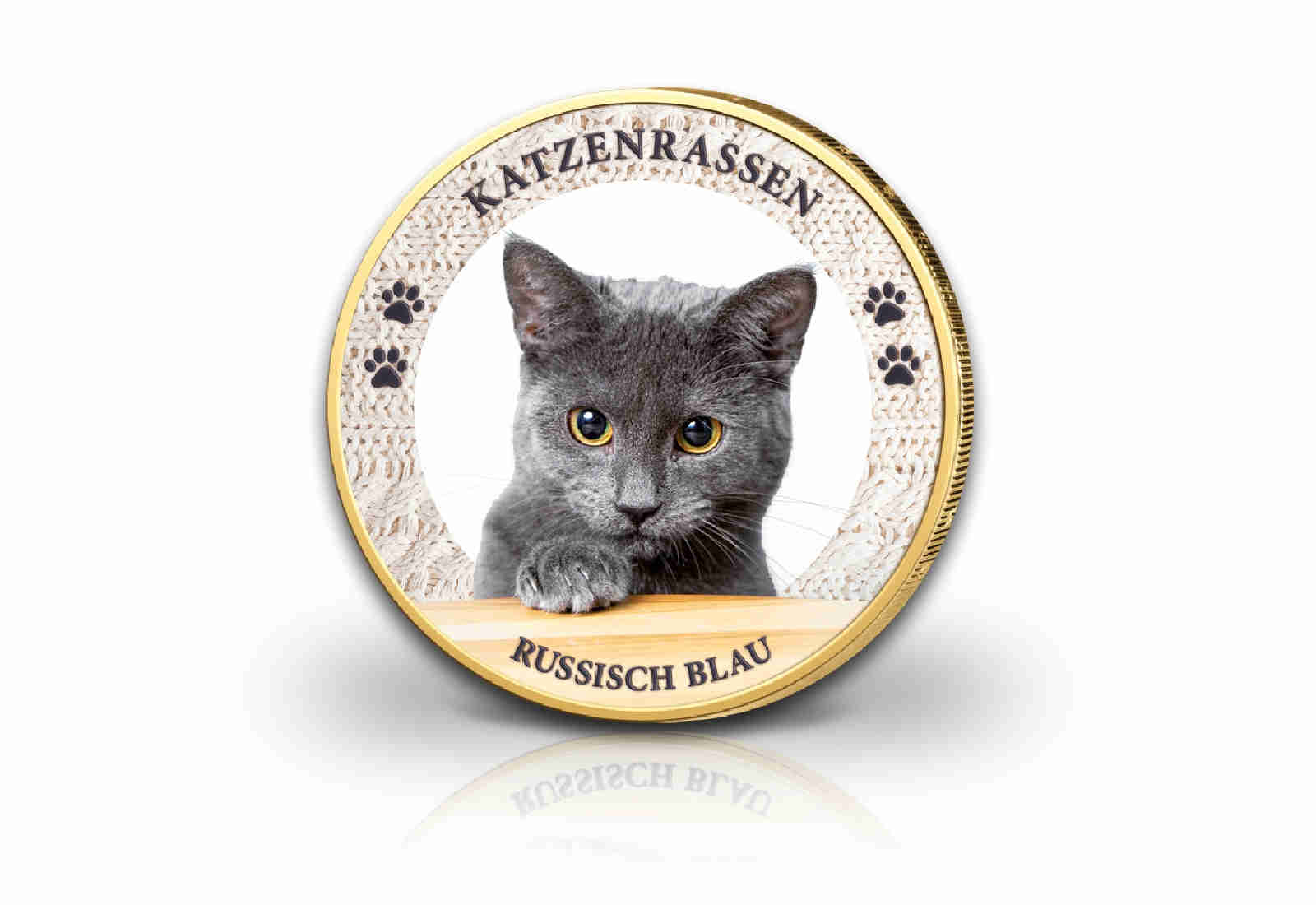2 Euro Katze Russisch Blau mit Kaltemaille und 24 Karat Goldauflage