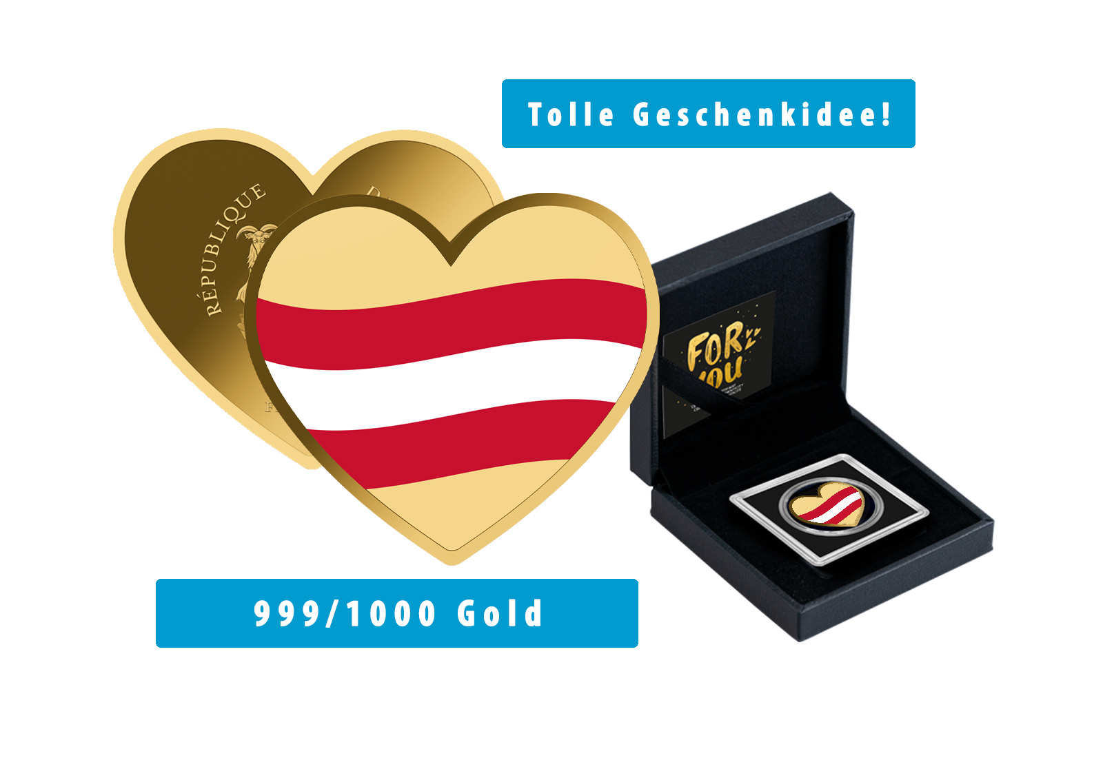 Goldmünze Motiv "Ein Herz für Österreich" 999/1000 Gold im Geschenketui