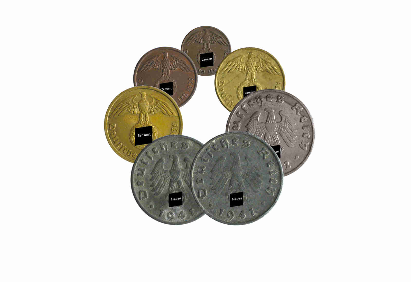 Münzen - Lot Drittes Reich 7 Münzen Jaeger-Nr. 361,362,363,364,369,370,371 mit Beschreibung