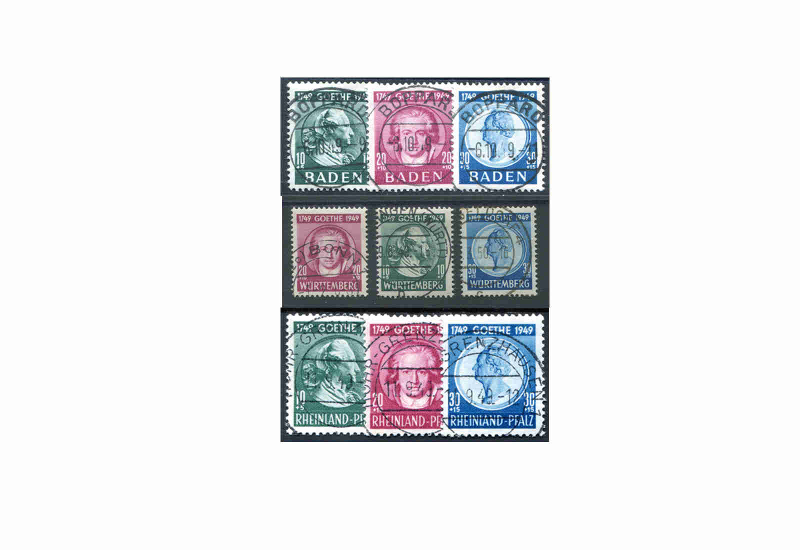 Komplett Paket Goethe 1949 - Alle 3 Goethe Sätze franz. Zone in gestempeltem SET: