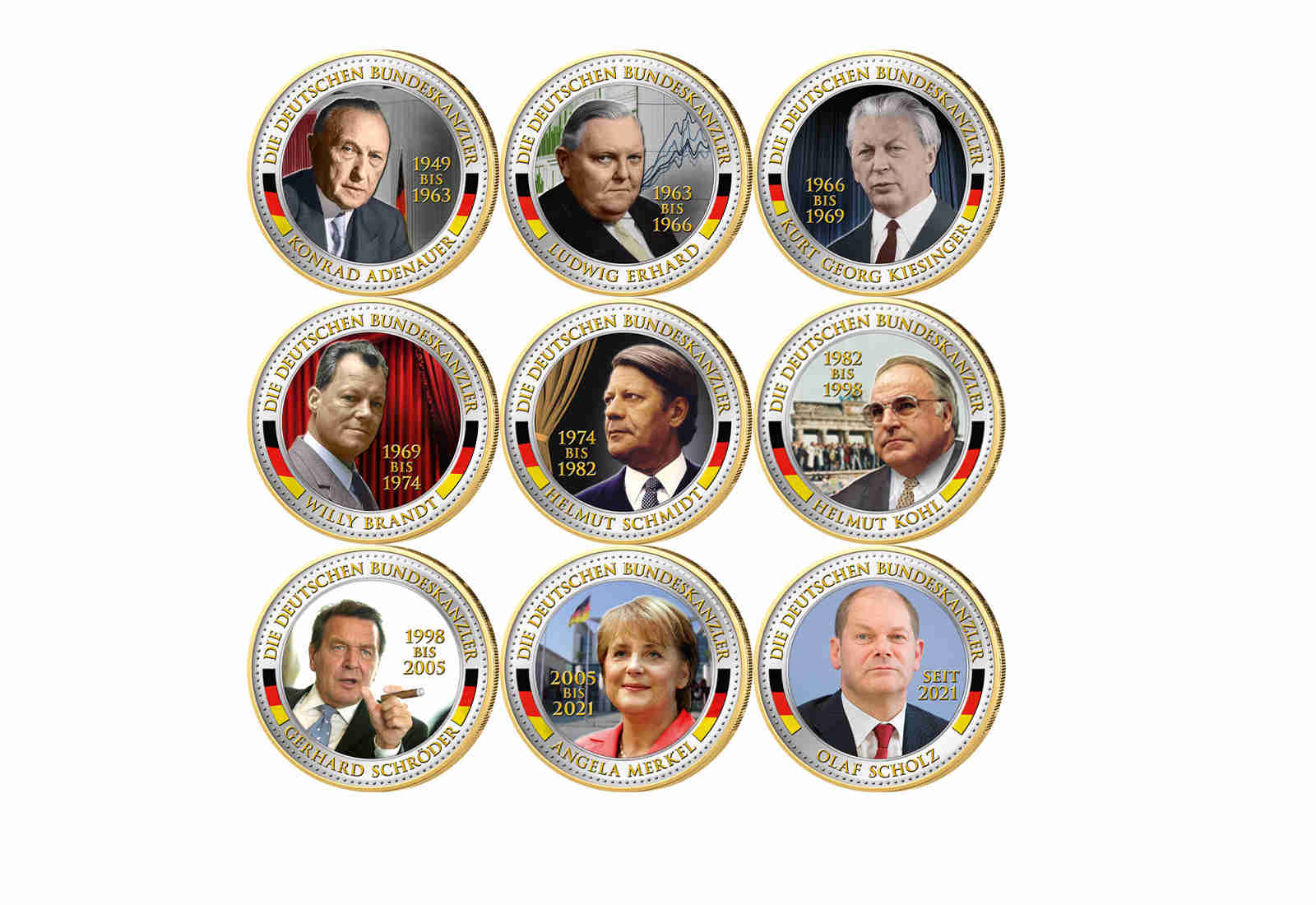 Bundespräsidenten und -Kanzler Kollektion mit Farbapplikation in Holzkassette inkl. Zertifikat