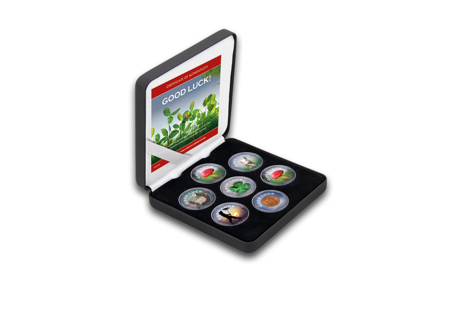 Glücksbringer 7er Kollektion mit Farbapplikation im Etui inkl. Zertifikat