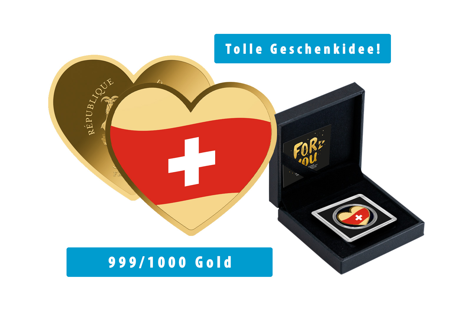 Goldmünze Motiv "Ein Herz für die Schweiz" 999/1000 Gold im Geschenketui