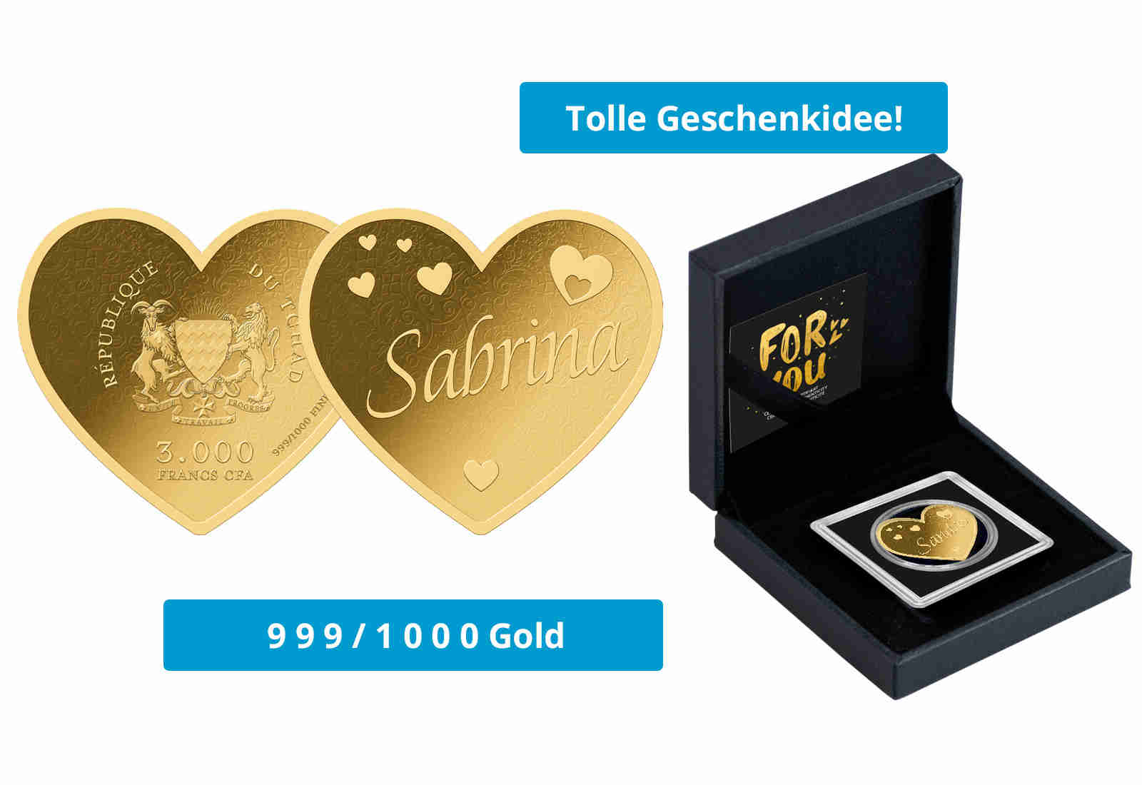 Goldmünze Motiv "Herz Sabrina" 999/1000 Gold im Geschenketui