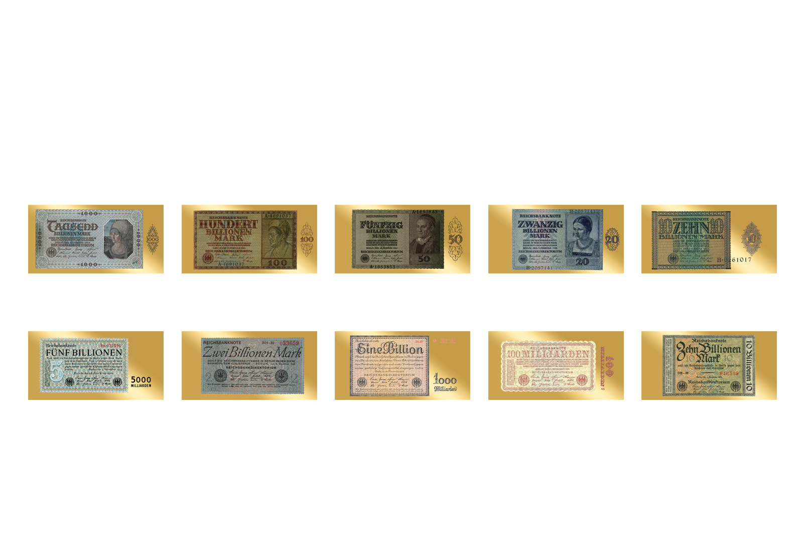 Banknoten Inflation Dt. Reich Goldbarren Set 999er Gold