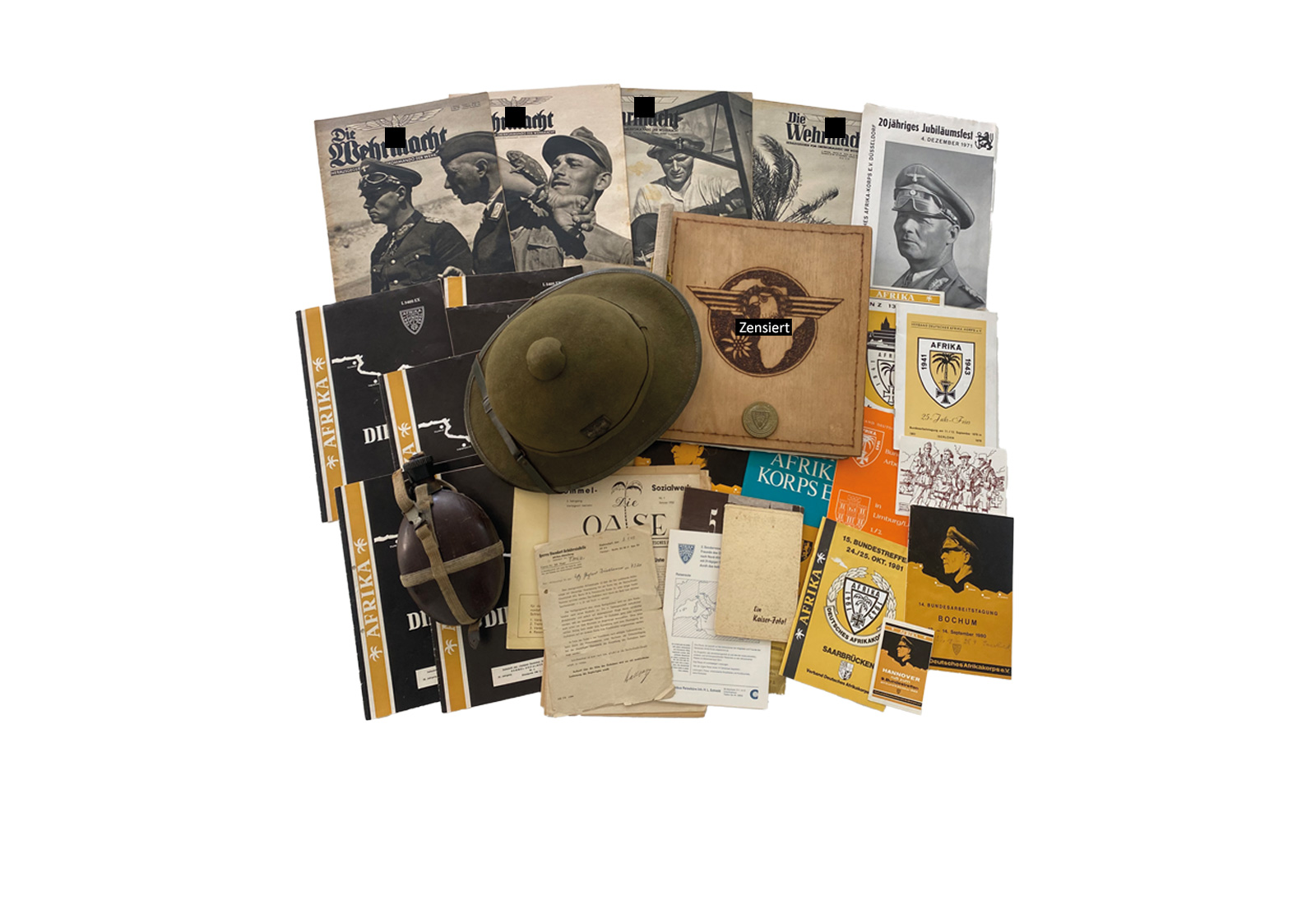 1942 DR Afrikacorps-Memorabil Fotos, Helm, Flasche, Broschür