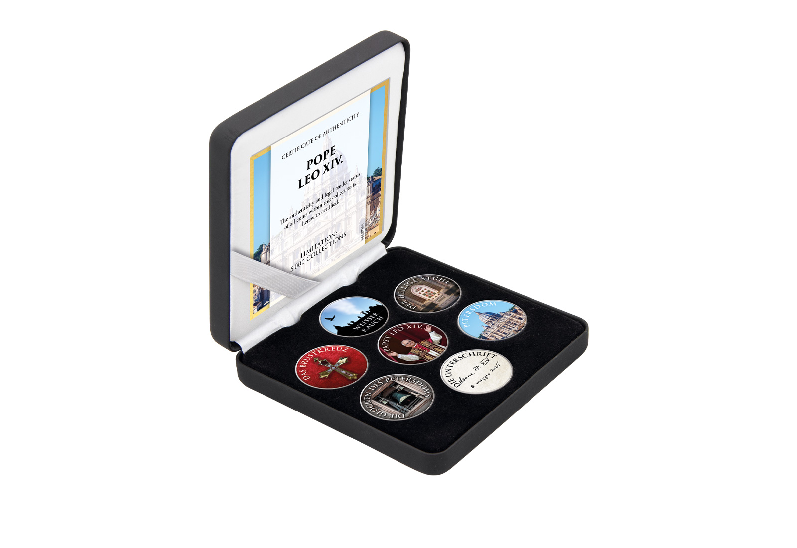Papst Leo XIV. 7er Kollektion mit Farbapplikation im Etui inkl. Zertifikat