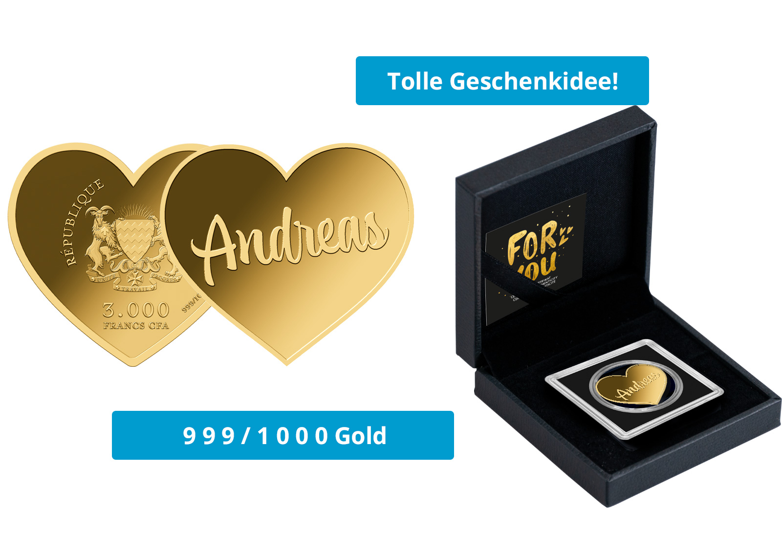 Goldmünze Motiv "Herz Andreas" 999/1000 Gold im Geschenketui