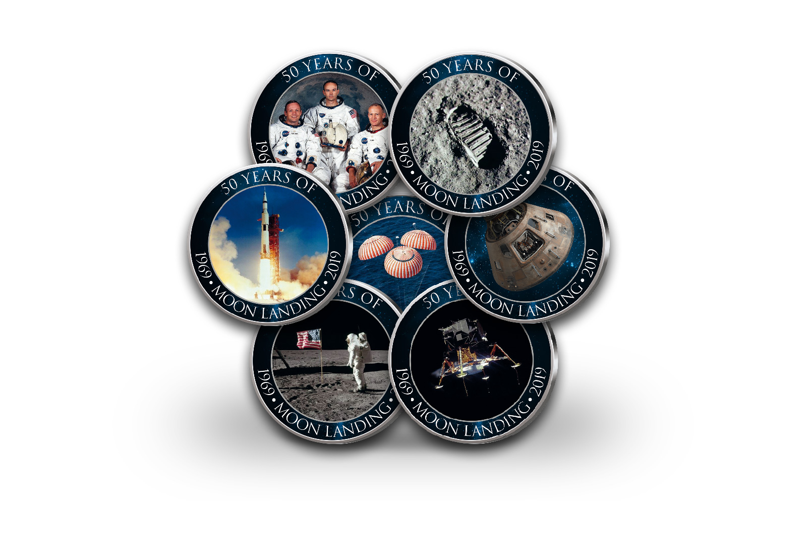 50 Jahre Mondlandung 7er Kollektion mit Farbapplikation im Etui inkl. Zertifikat