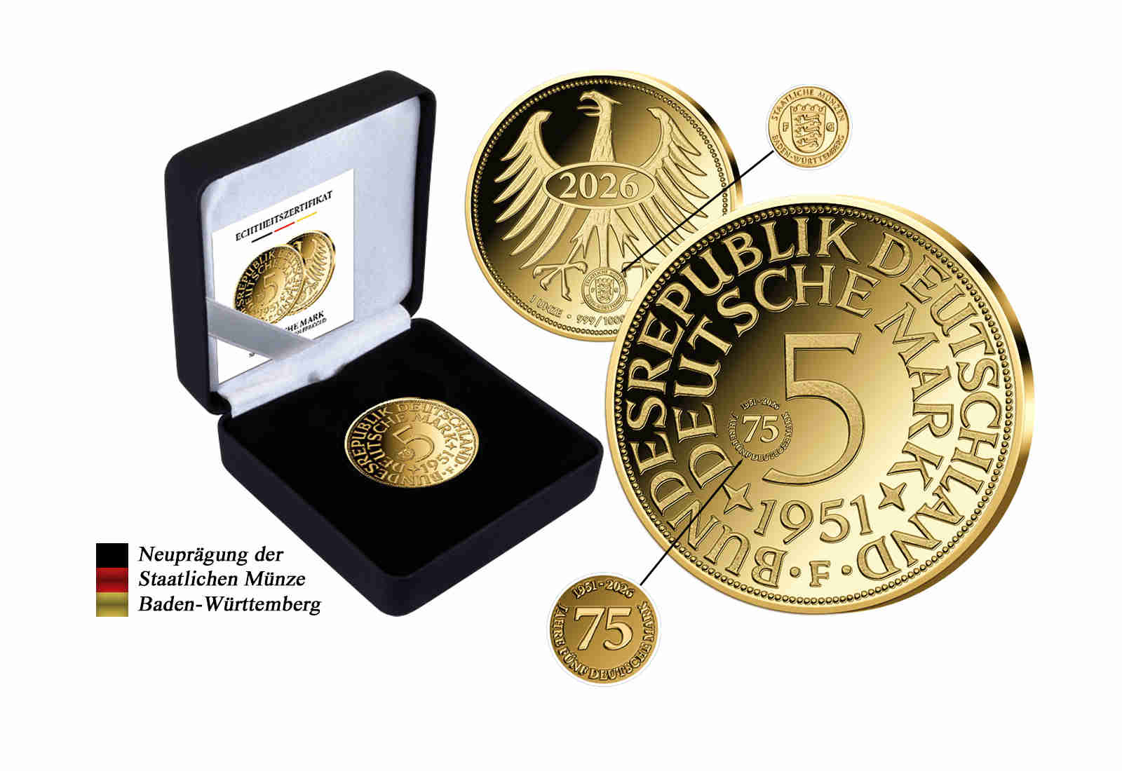 5 DM Silberadler 1951 - 1 oz 999/1000 Gold Premium Neuprägung mit Privy Mark