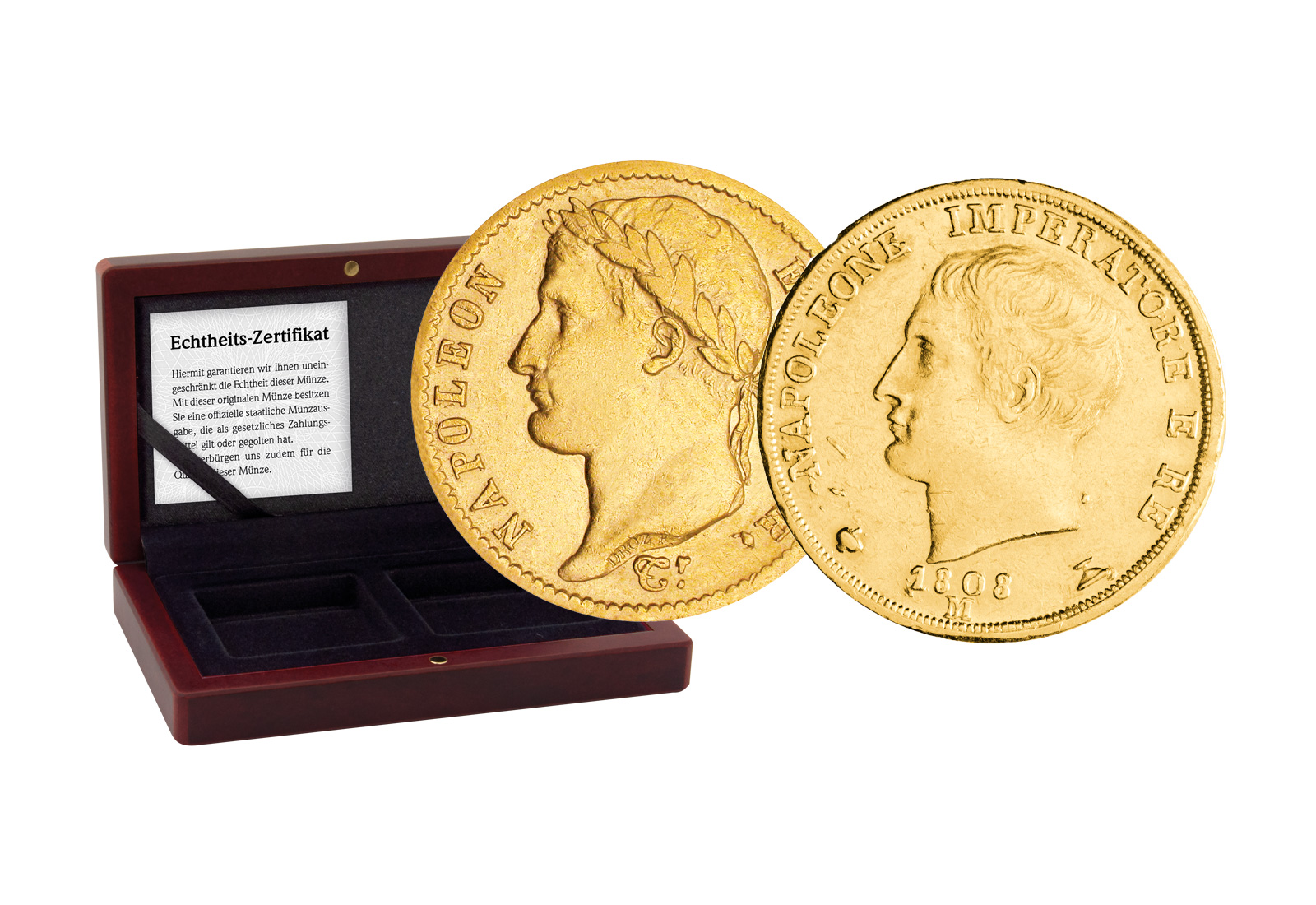 2er-Set 20 Lire und 20 Francs Napoleon Bonaparte im Holzetui