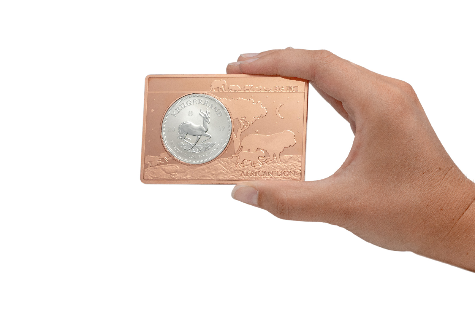 Krügerrand 1 oz Silber 2017 Südafrika 50 J. Jub.eingefasst in einem Kupferbarren