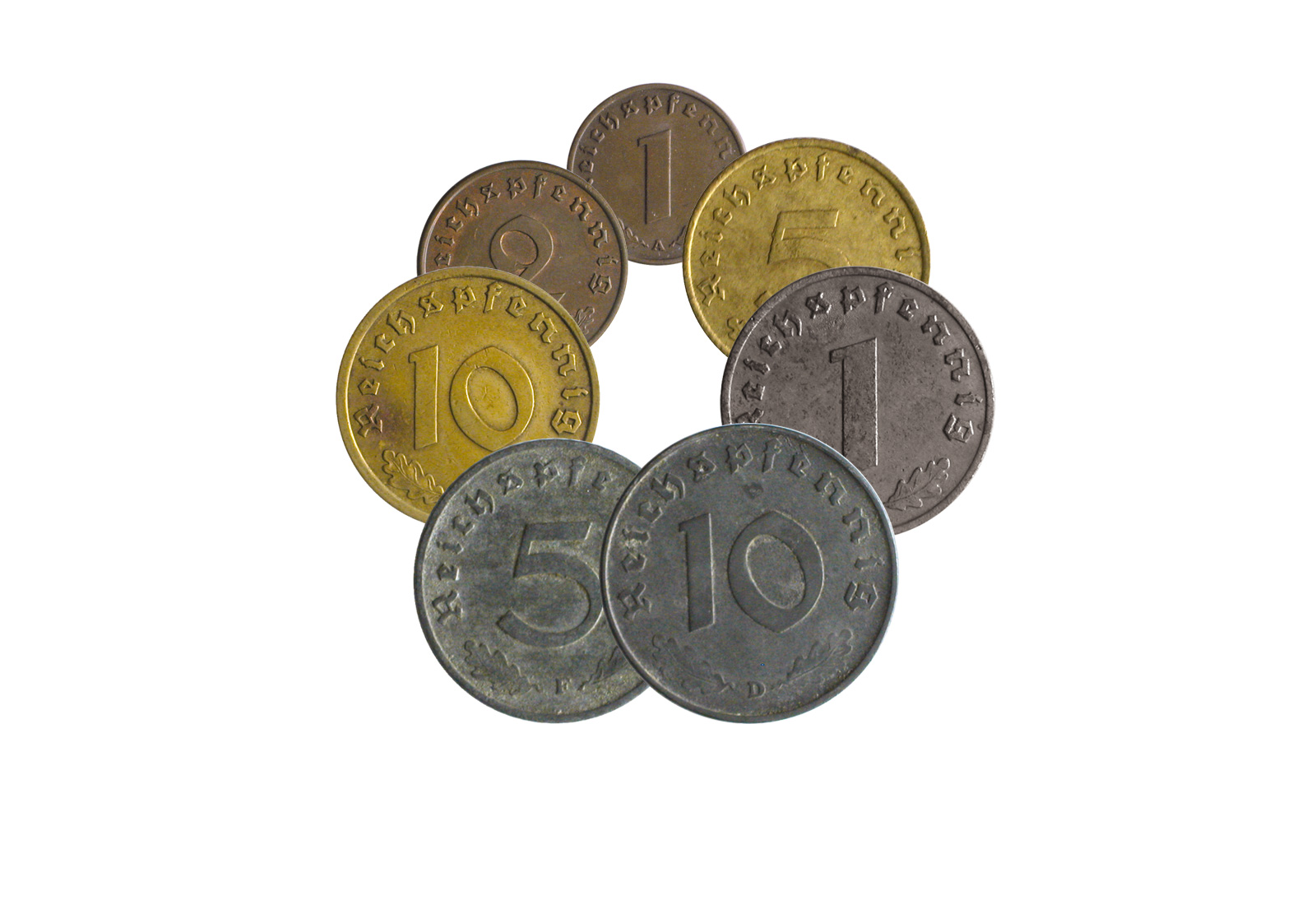 Münzen - Lot Drittes Reich 7 Münzen Jaeger-Nr. 361,362,363,364,369,370,371 mit Beschreibung