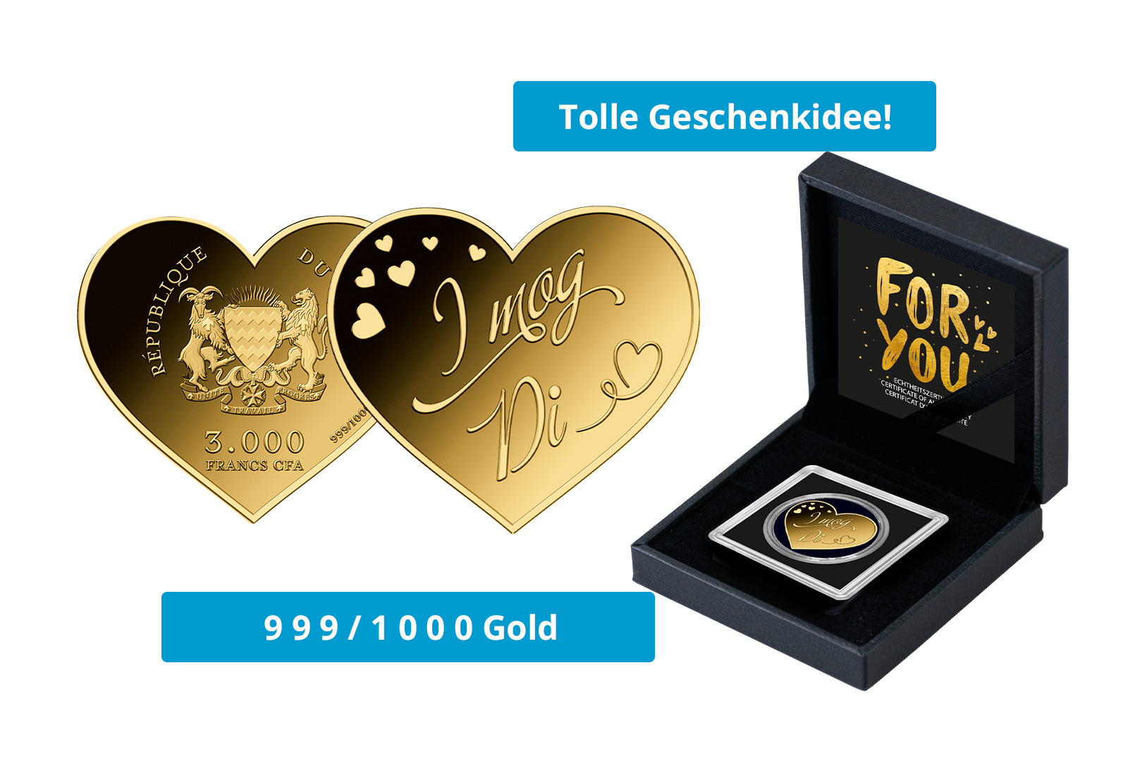 Goldmünze Herz I mog di 999/1000 Gold Geschenk Liebe Jahrestag