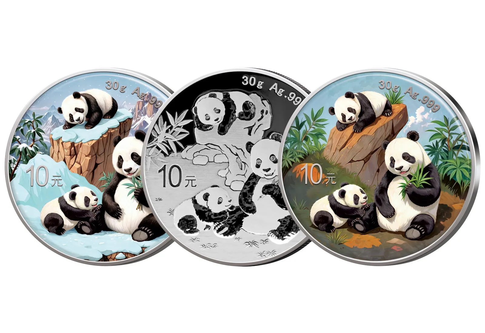 China Panda 3x 30g Silber 2025 mit Farbmotiv im Etui inkl. Zertifikat