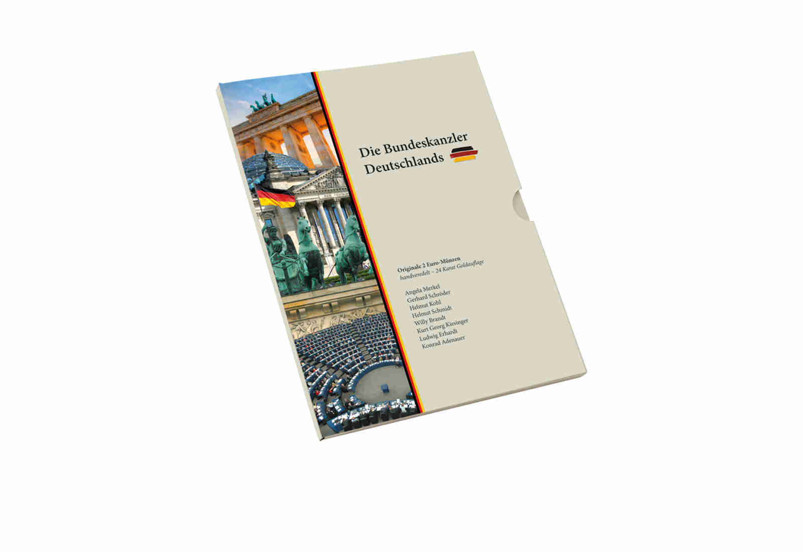 2 Euro Bundeskanzler 9er Kollektion mit 24 Karat Goldauflage und Farbmotiv