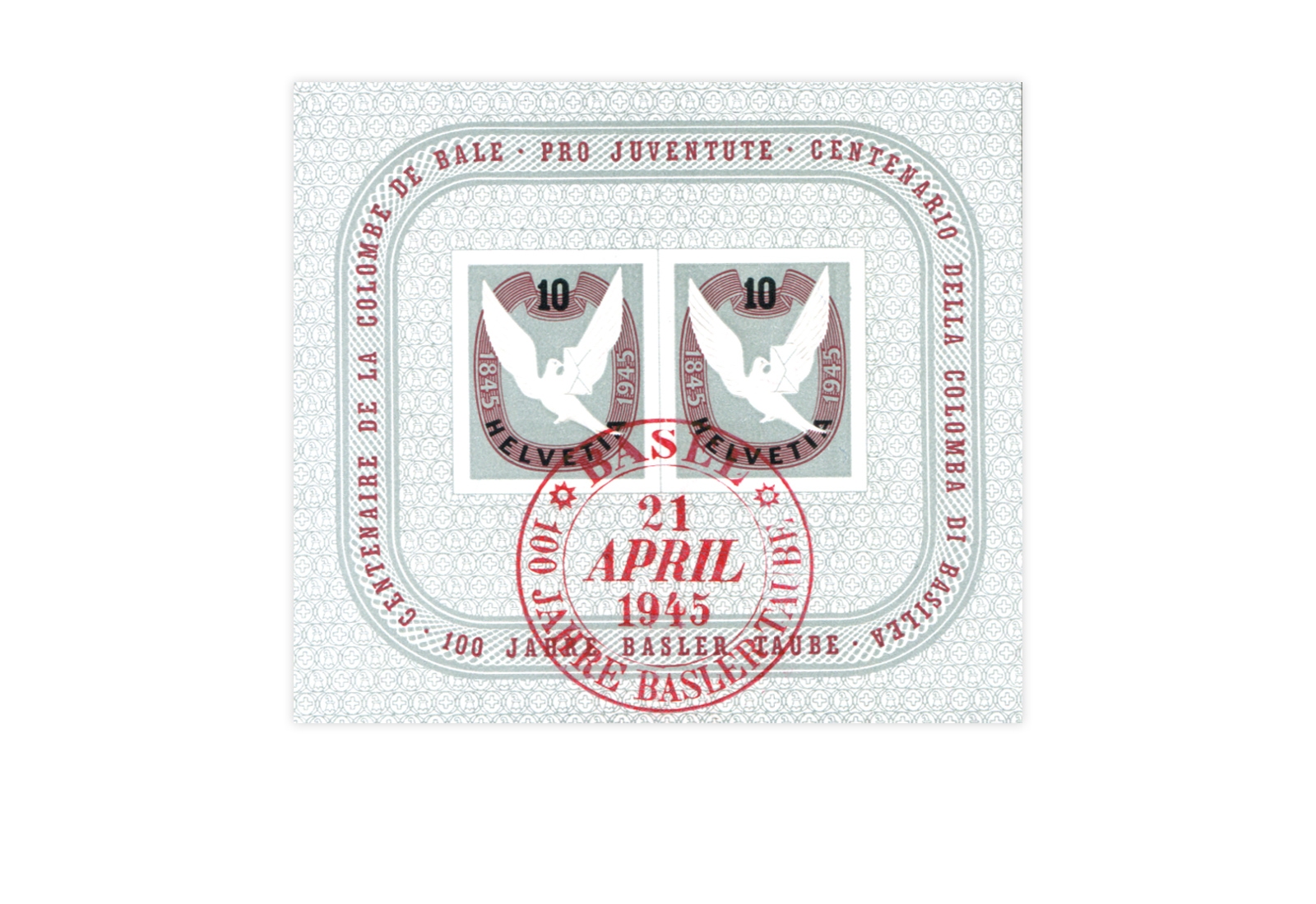 Briefmarken Schweiz Basler Taube 1945 Block 12 gestempelt