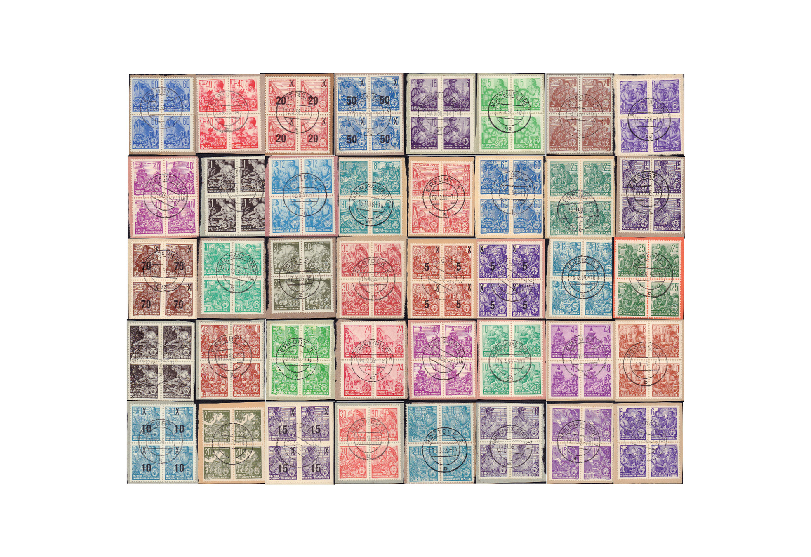 Briefmarken DDR Fünfjahrplan 40 verschiedene Viererblocks gestempelt