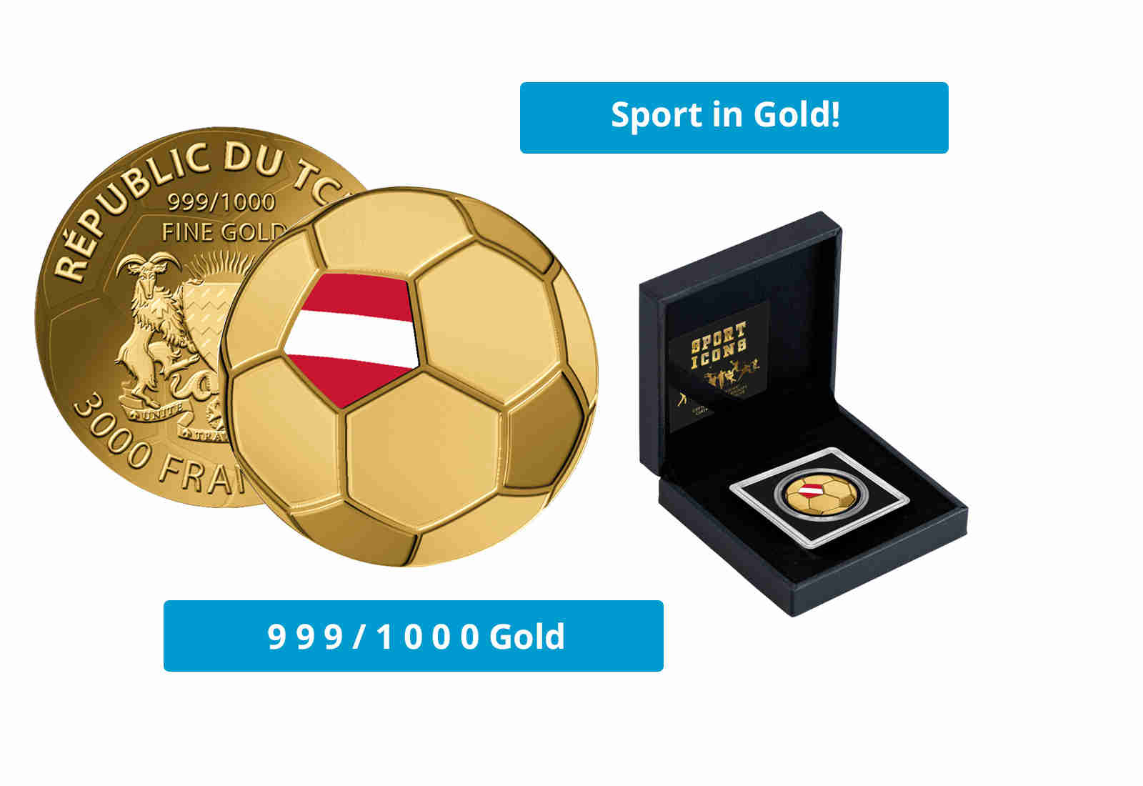 Goldmünze Motiv "Fußball Österreich" 999/1000 Gold im Geschenketui