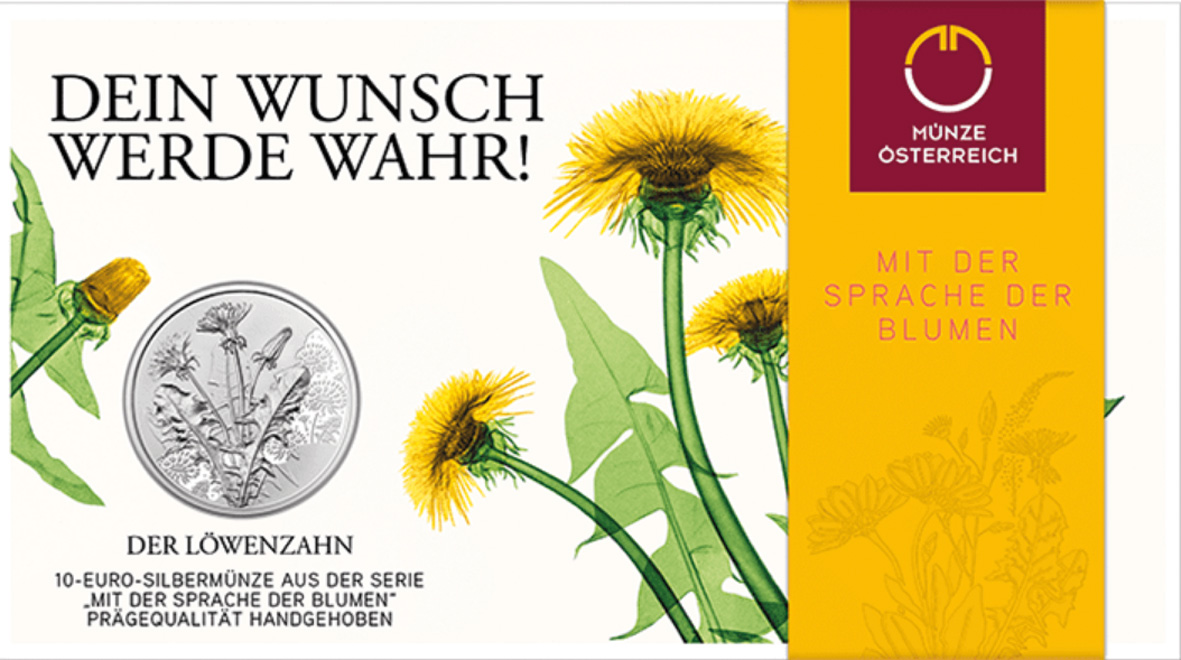 10 Euro Silbermünze 2022 Österreich Löwenzahn Mit der Sprache der Blumen hgh