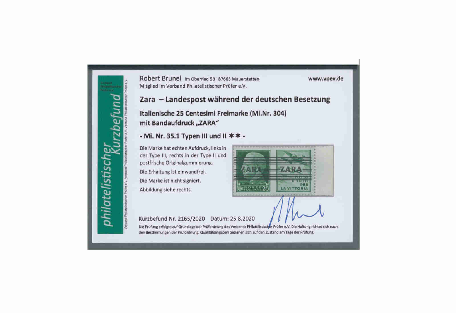 Briefmarke Deutsches Reich Zara Freimarke 1943 Michel-Nr. 35.1 Type III + II postfrisch Fotobefund