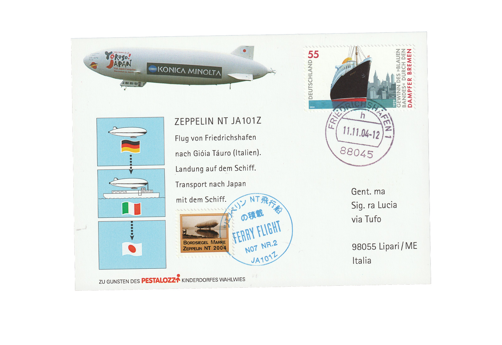Zeppelin Beleg 2004 Flug Friedr. nach Gioia Tauro an Bord des Zeppelin