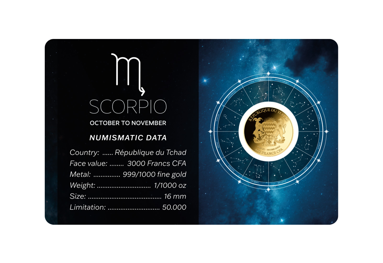 Goldmünze Sternzeichen Skorpion Coincard Feinheit 999/1000 Gold Geschenk