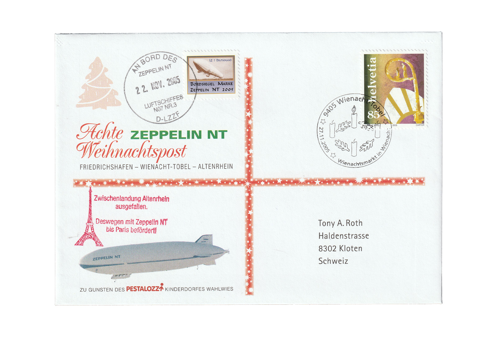 Zeppelin Beleg 2005 Achte Weihnachtspost anläßlich NABA 2000 St.Gallen