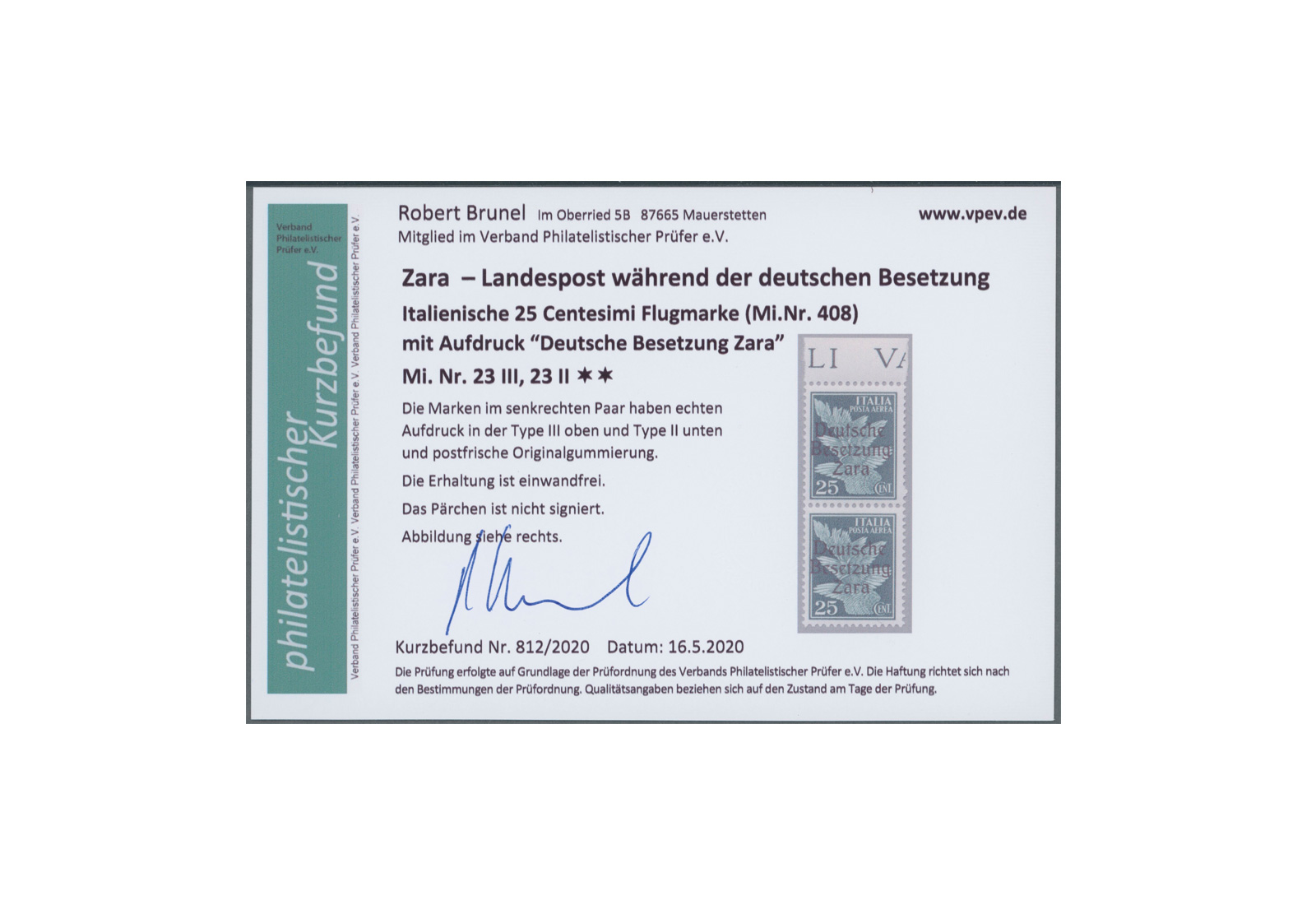 Briefmarke Deutsches Reich Zara Flugpostmarke 1943 Michel-Nr. 23 III, 23 II postfrisch Fotobefund