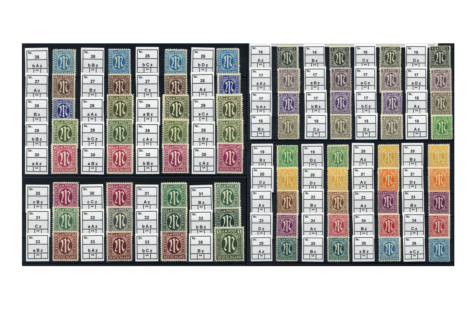 Briefmarken AM Post Dt. Druck ex16-35 ** 68 Marken Farb- und Zähnungsvarianten