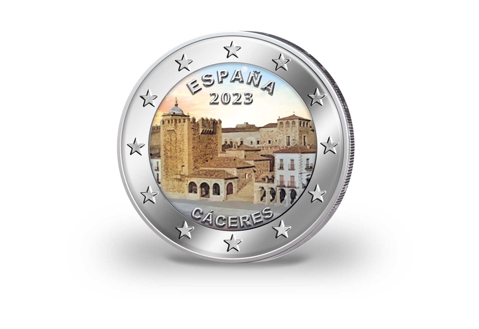 2 Euro 2023 Spanien Altstadt von Caceres mit Farbmotiv bfr.