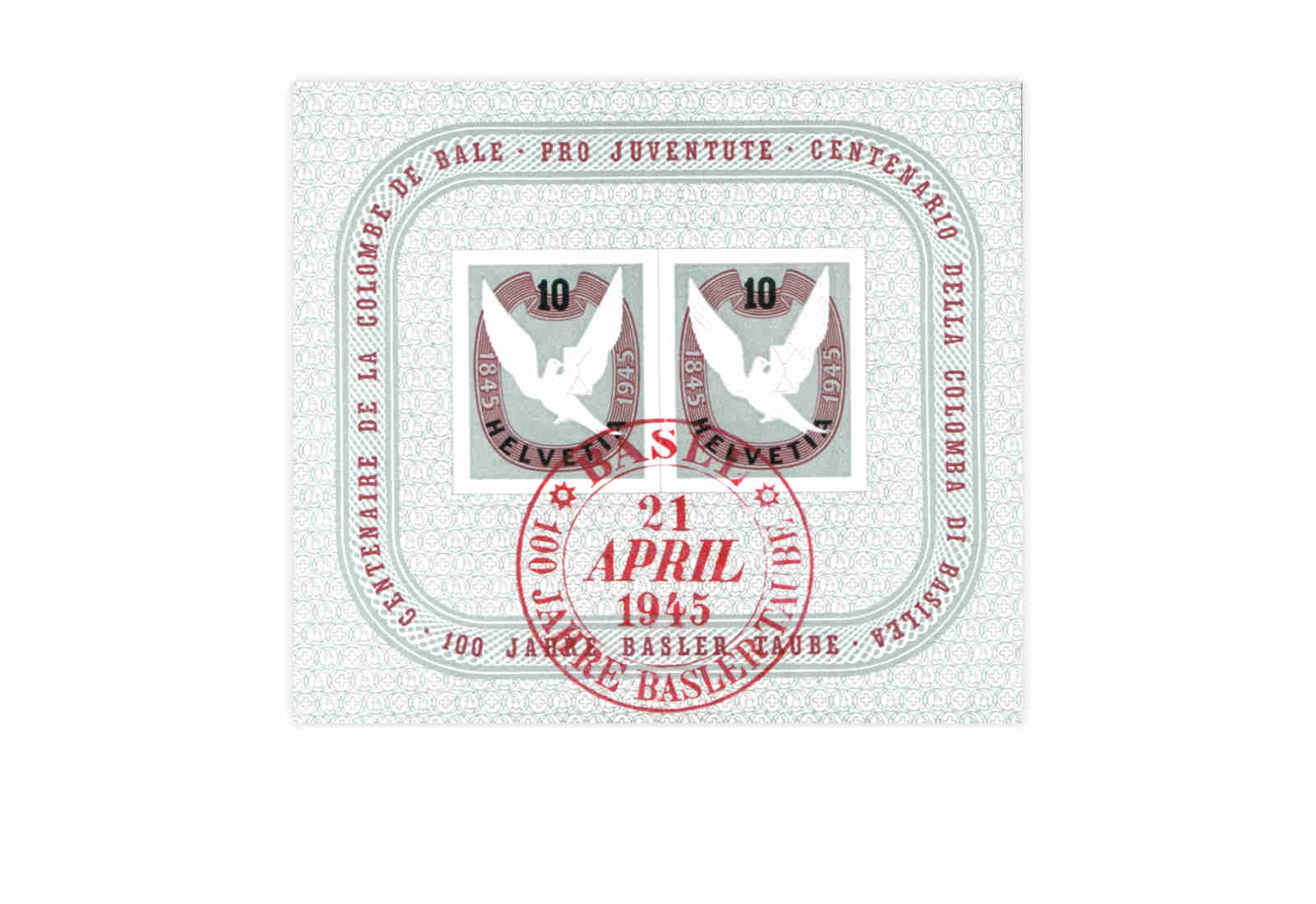 Briefmarken Schweiz Basler Taube 1945 Block 12 gestempelt