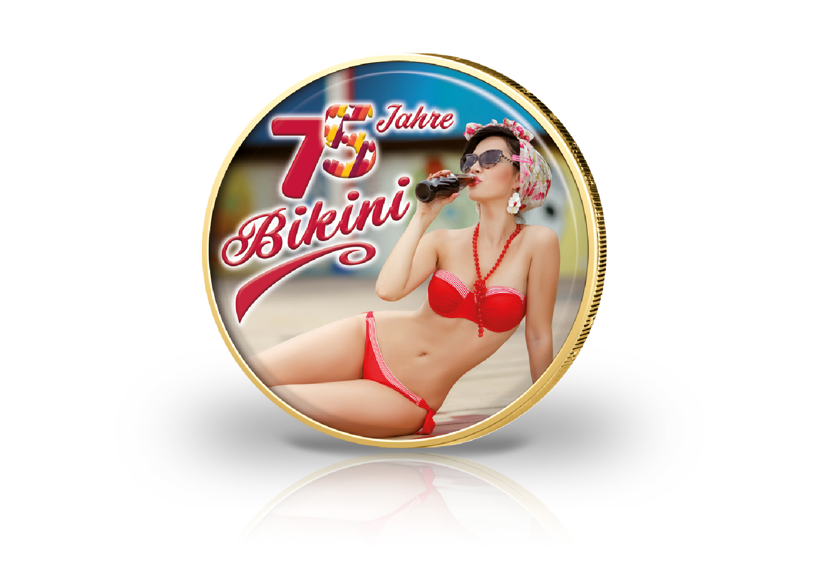 2 Euro mit Farbmotiv und 24 Karat Goldauflage 75 Jahre Bikini