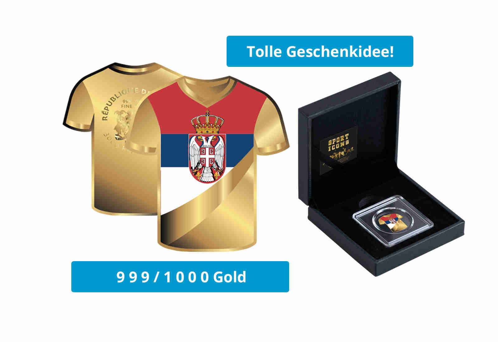 Goldmünze Motiv "Trikot Serbien" im Geschenketui