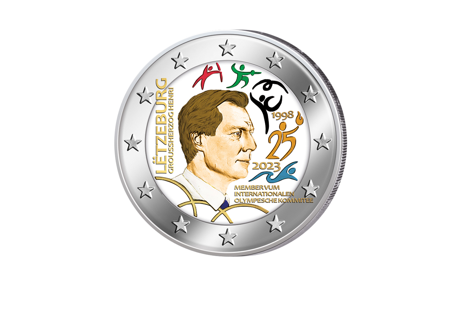 Luxemburg 2 Euro 2023 25 Jahre Mitgliedschaft von Großherzog Henri als Mitglied des Internationalen Olympischen Komitees mit Farbmotiv