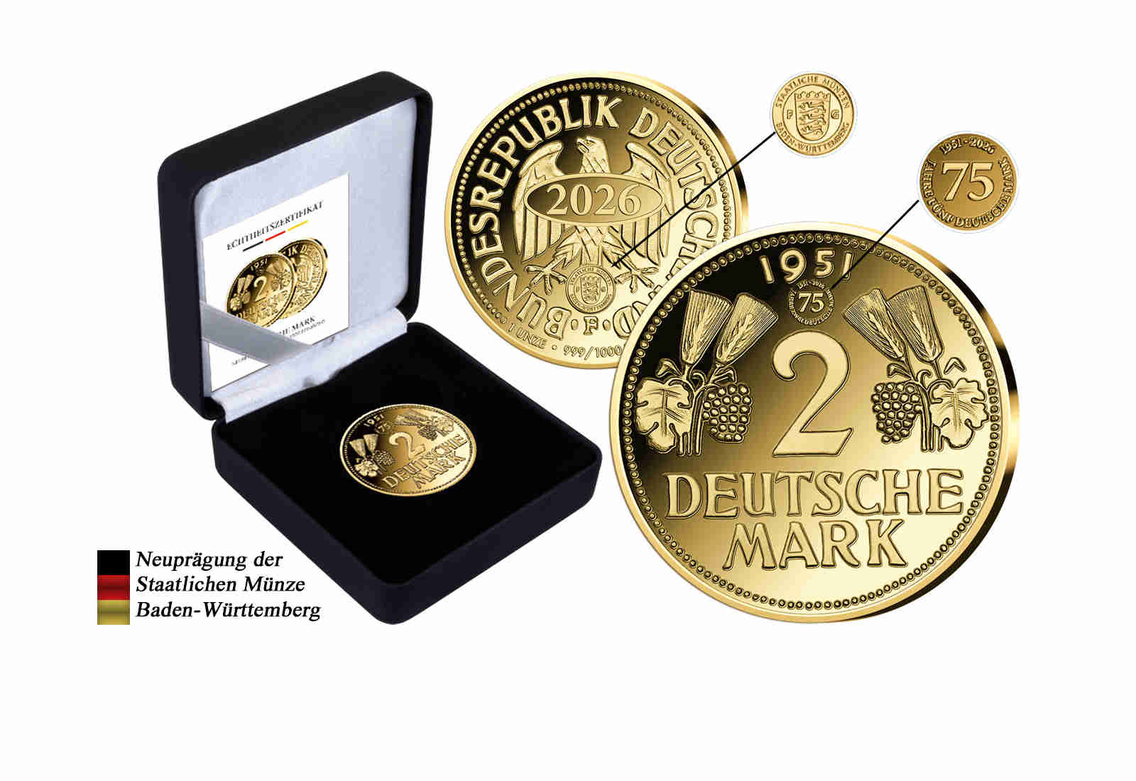 2 DM Ähren 1951 - 1 oz 999/1000 Gold Premium Neuprägung mit Privy Mark
