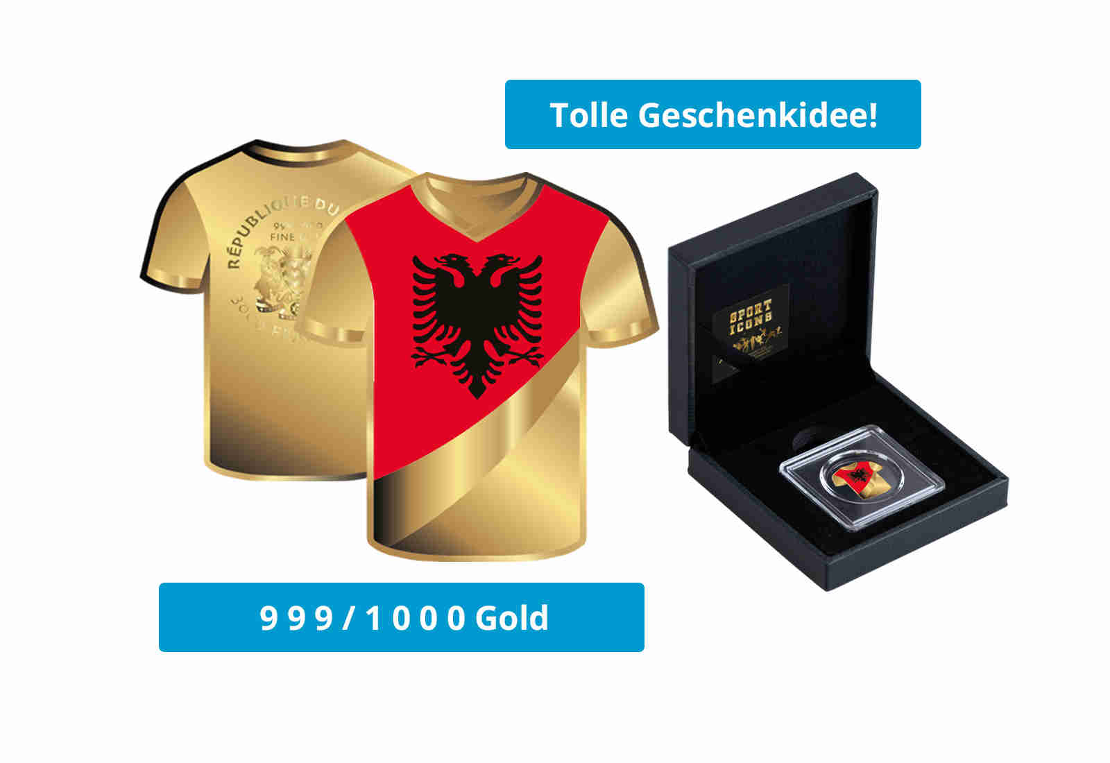 Goldmünze Motiv "Trikot Albanien" im Geschenketui