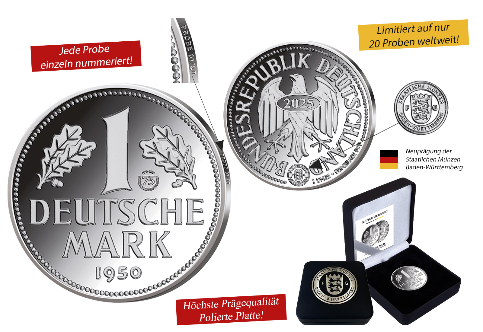Probeprägung "1 D-Mark 1950" aus 1 oz 999/1000 Silber der Premium-Neuprägung
