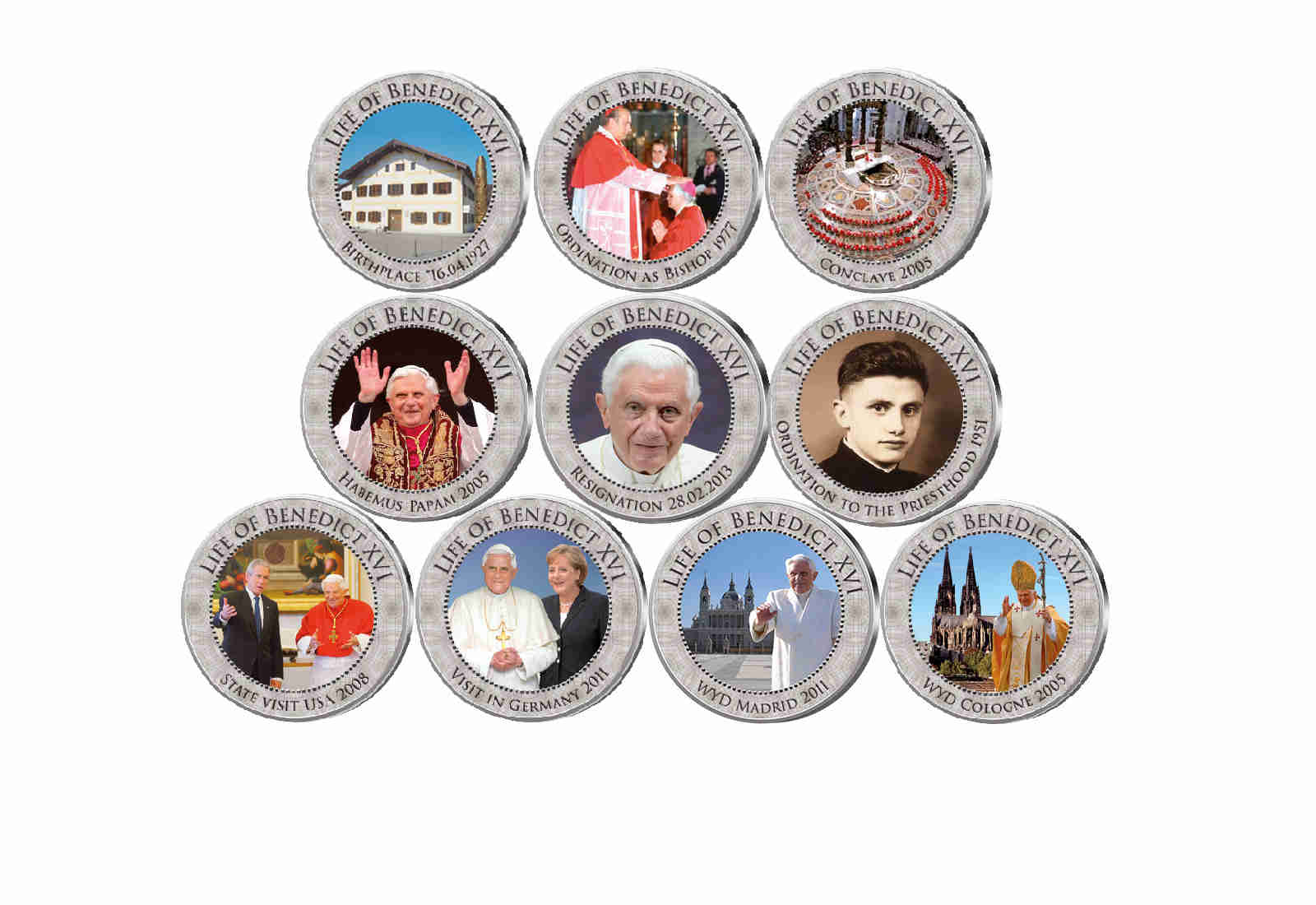 Lebensweg Papst Benedikt XVI. 10er Kollektion mit Farbmotiv im Etui