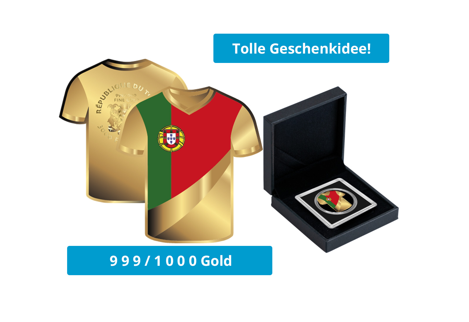 Goldmünze Motiv "Trikot Portugal" 999/1000 Gold im Geschenketui