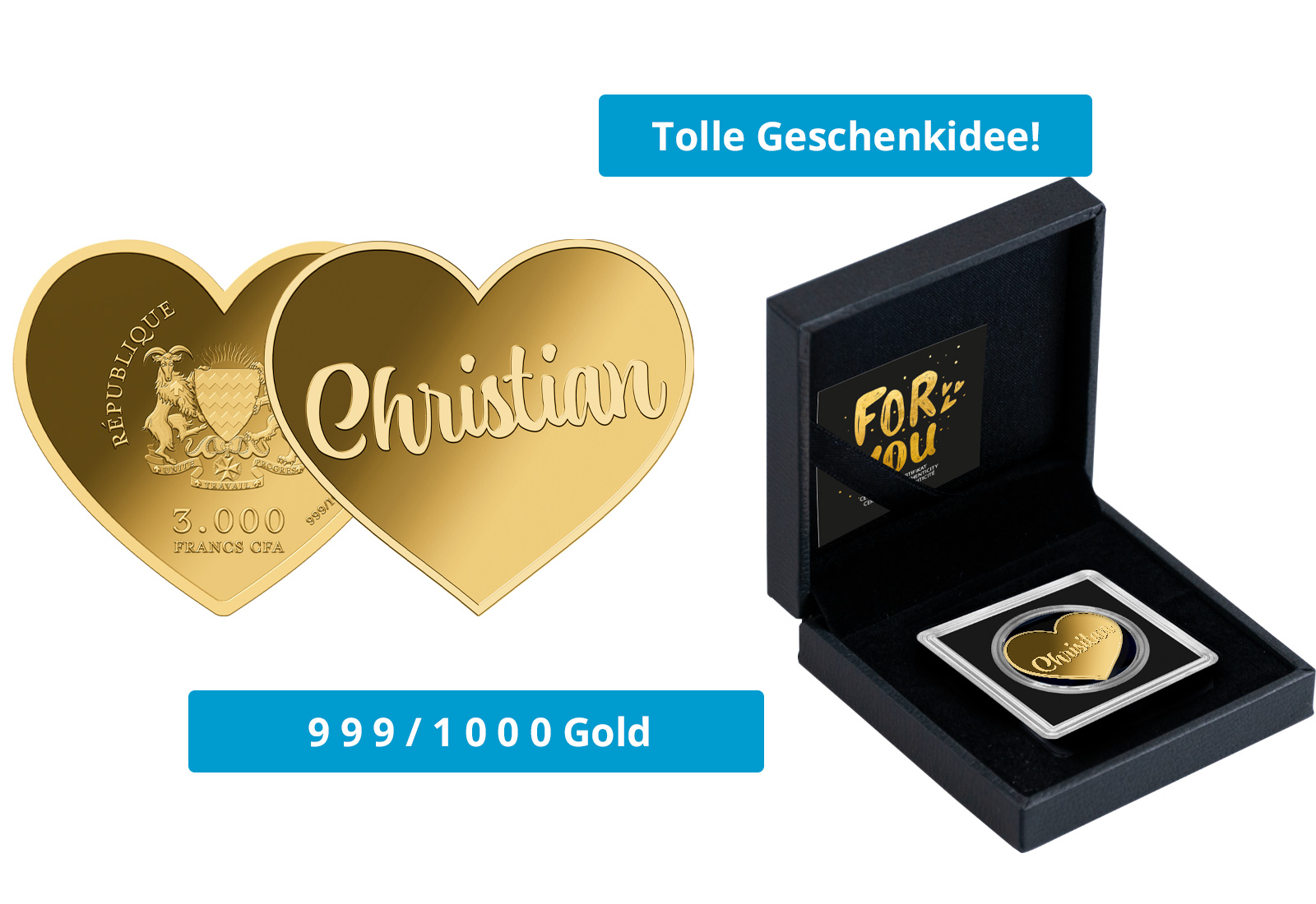 Goldmünze Motiv "Herz Christian" 999/1000 Gold im Geschenketui