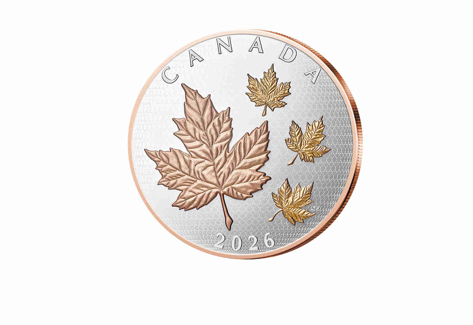 5 oz Silber "Maple Leaf in Motion" 2026 Kanada mit 24-Karat-Rose- und Gelbgoldapplikation