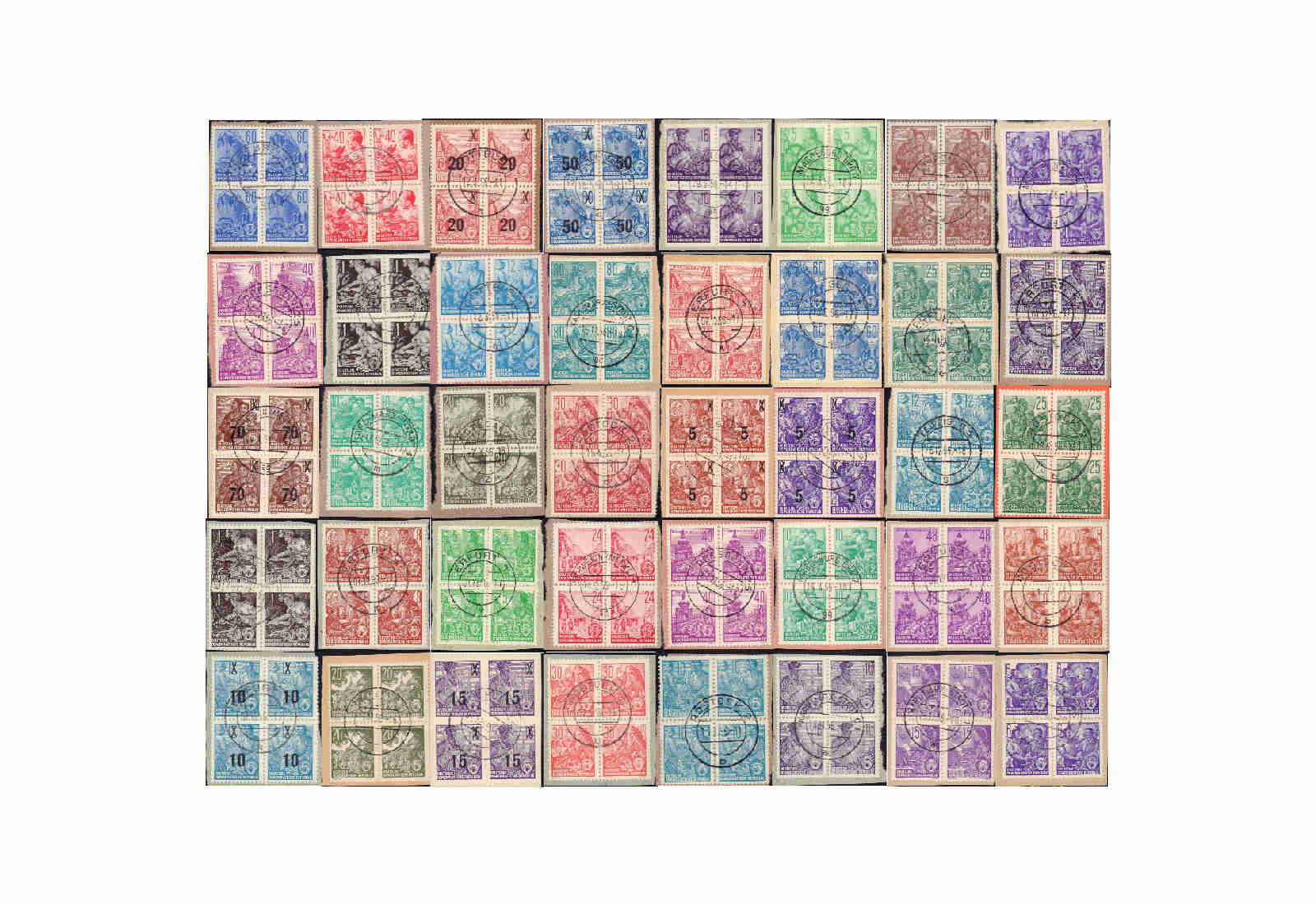 Briefmarken DDR Fünfjahrplan 40 verschiedene Viererblocks gestempelt