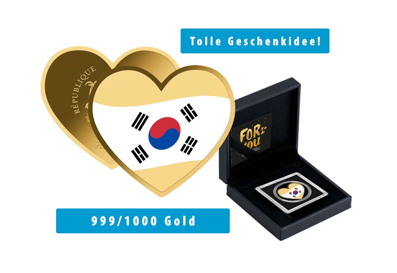 Goldmünze Motiv "Ein Herz für Südkorea" 999/1000 Gold im Geschenketui