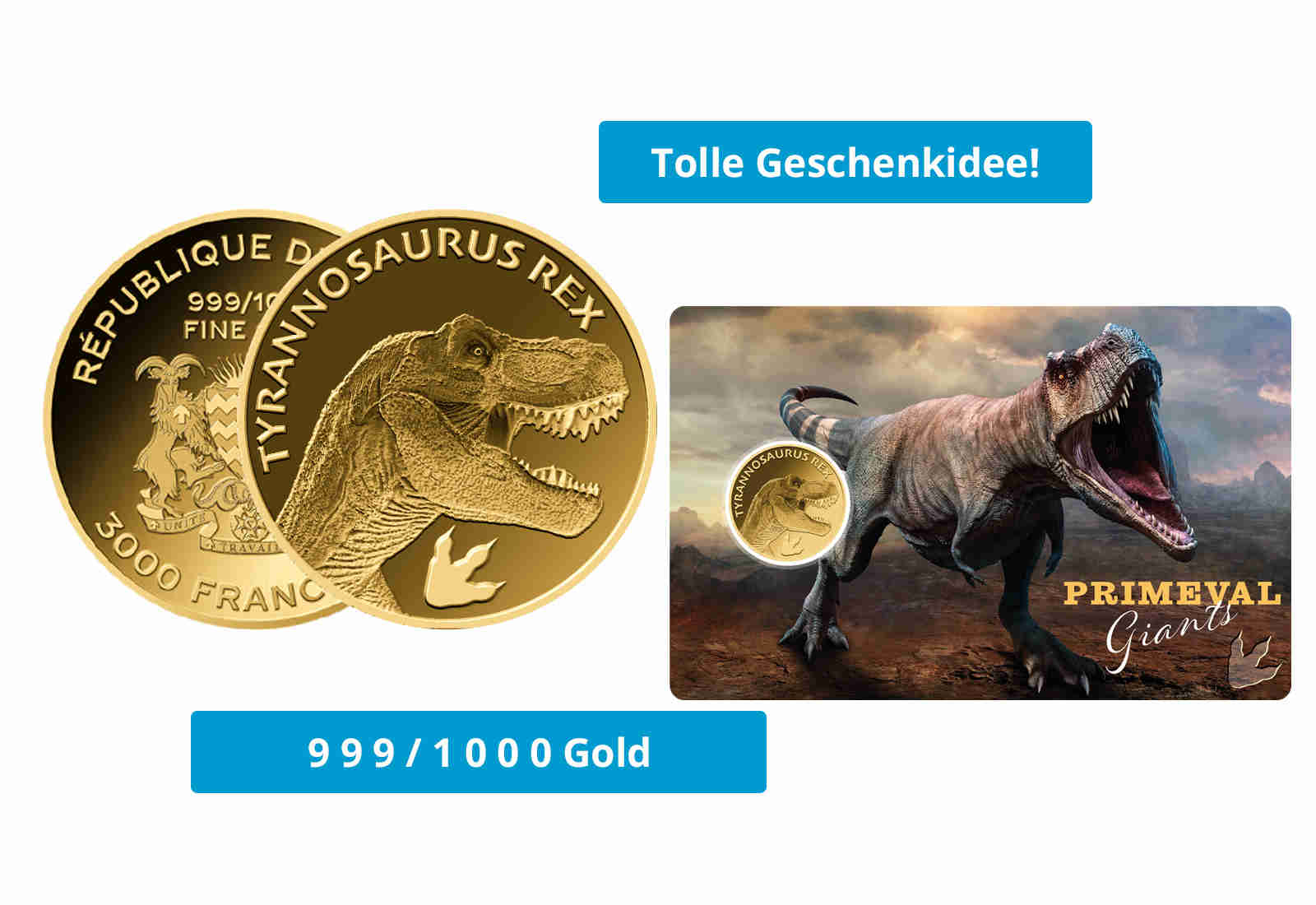 Goldmünze Motiv "Tyrannosaurus Rex" Coincard Feinheit 999/1000 Gold Geschenk