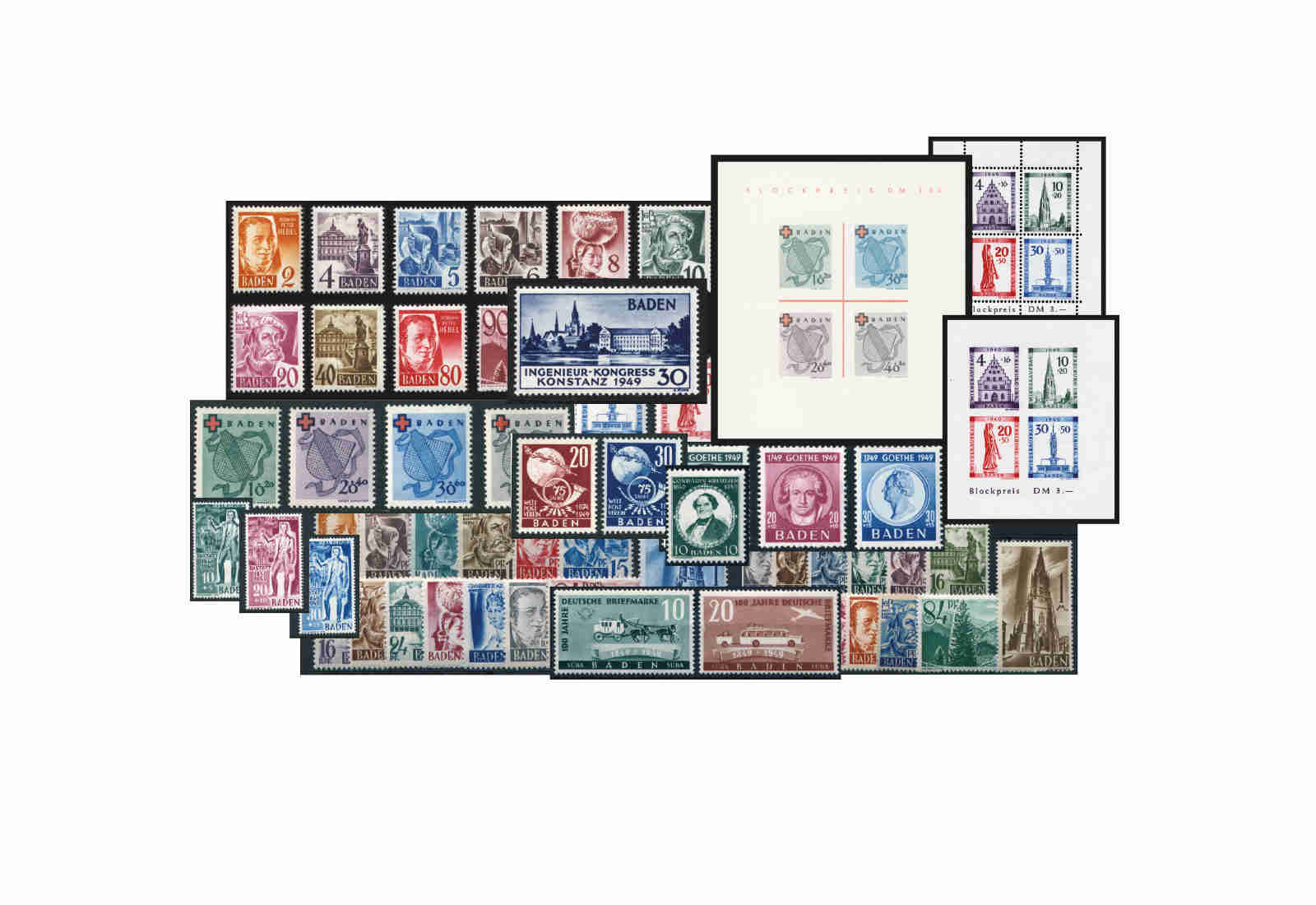 Briefmarken Französische Zone Baden komplett  Michel-Nr. 1-57 + 3 Blocks  postfrisch