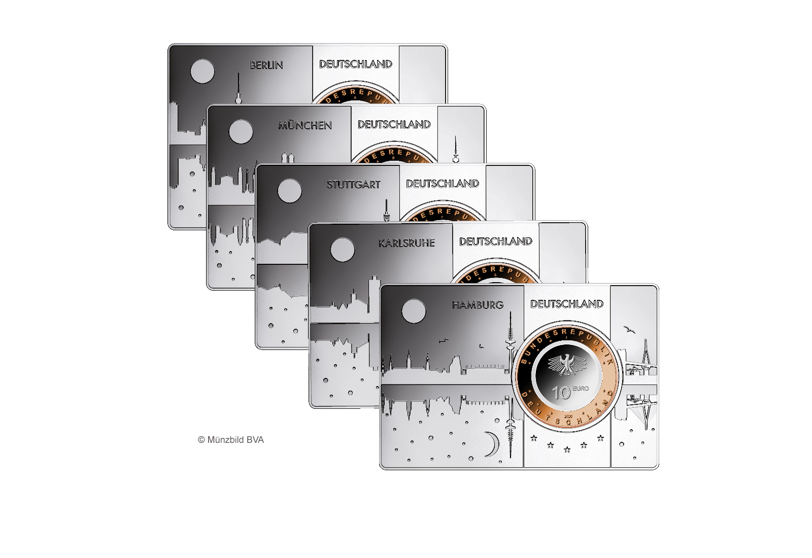 10 Euro 2020 Deutschland An Land mit Polymerring eingefasst in einem Barren Prägestätte A-J