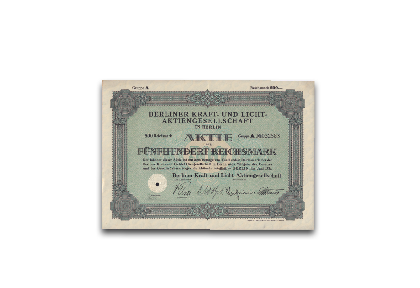 500 Reichsmark Aktie Berliner Kraft- und Licht AG Berlin 1931